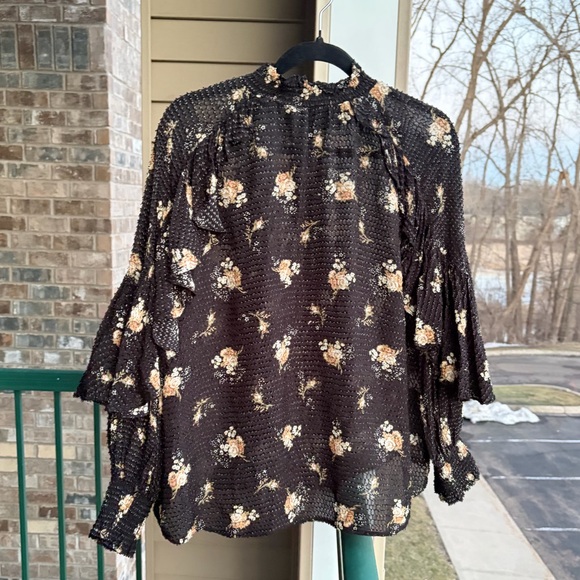 🆕⭐️Maje Floral Textured Blouse Black Ruffle Romantic Boho Top Size L (3) Chic - Picture 4 of 15